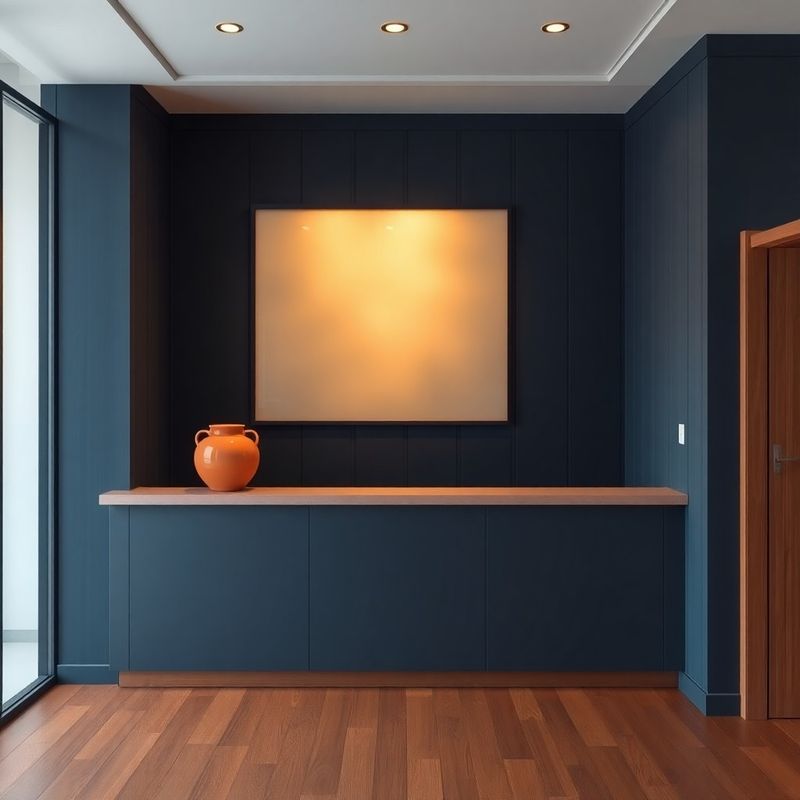 Recepția minimalistă a firmei ConsultCornerstone, cu panouri bleumarin și un vas ceramic coral