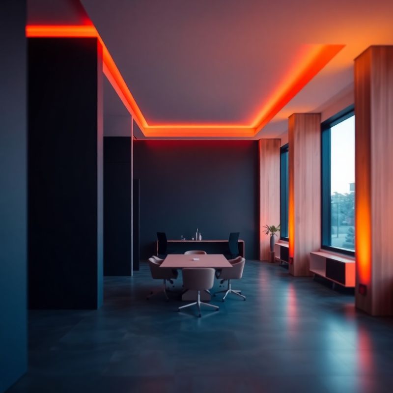 Interior de birou minimalist în Timișoara, în tonuri de bleumarin profund și accente coral