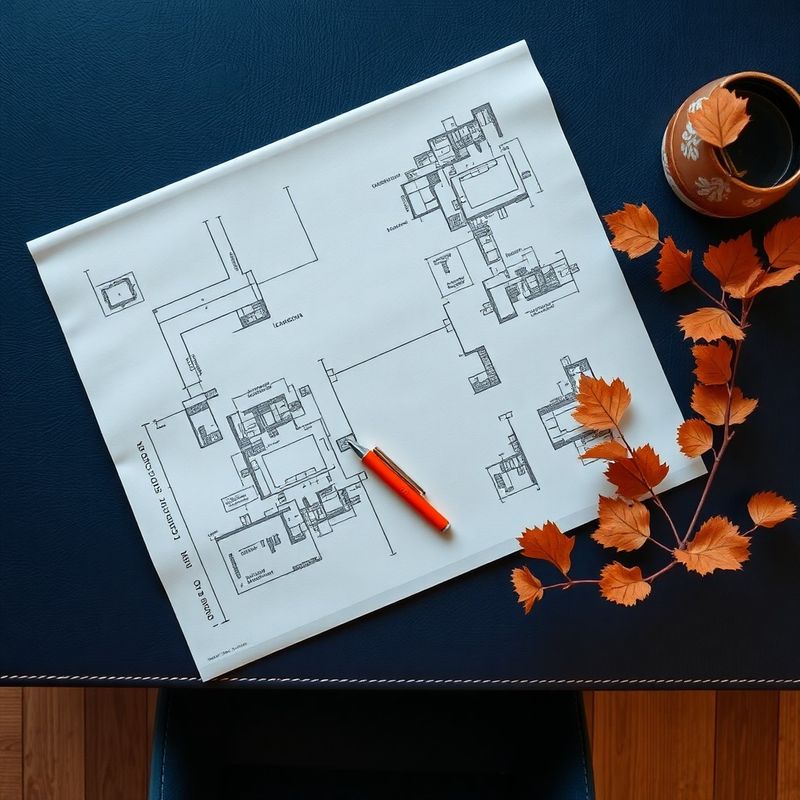 Birou minimalist cu schițe arhitecturale și un singur stilou cu accent coral pe piele bleumarin