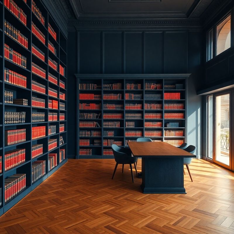 Bibliotecă a firmei în tonuri bleumarin, cu accente coral pe cotorul volumelor